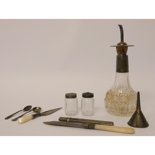 501 - An Asprey cut glass and silver mounted scent bottle, small items of silver ware, salt and pepper pot... 