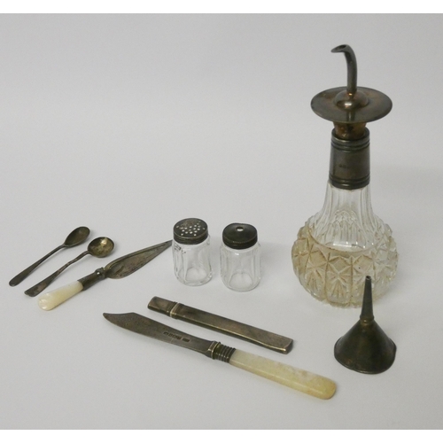 501 - An Asprey cut glass and silver mounted scent bottle, small items of silver ware, salt and pepper pot... 