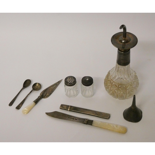 501 - An Asprey cut glass and silver mounted scent bottle, small items of silver ware, salt and pepper pot... 