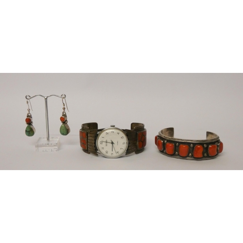 562 - Chunky red coral set bangle, Sekonda cuff style watch, and a pair of drop earrings