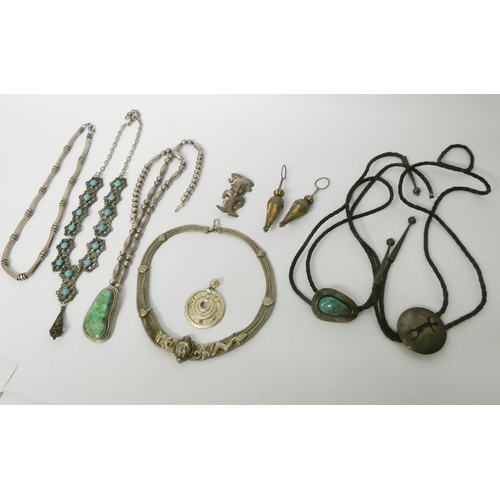 577 - White metal and turquoise long necklace, Indian choker, lariat style neck ties etc