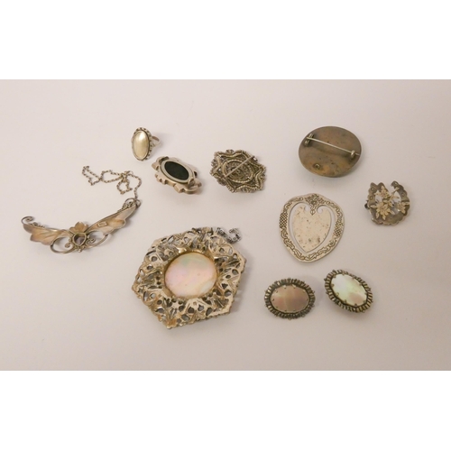 583 - Filigree and seed pearl brooch, Victorian and later silver brooches, book mark and an amethyst set n... 