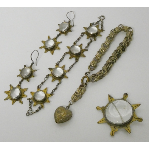 589 - Unusual sunburst style suite of jewellery in brass and glass marked JC and a vintage Albertine style... 