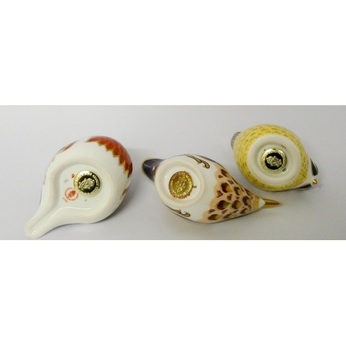 195 - Royal Crown Derby - s group of 3 small bird paperweights, all with gold stoppers and boxes