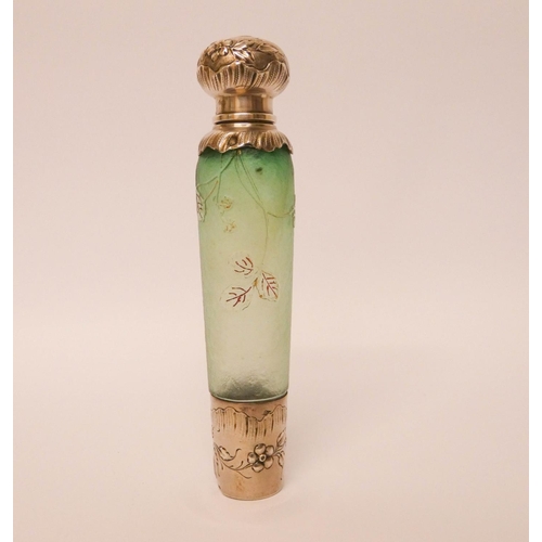 511 - A French enamelled green glass and silver mounted scent bottle, French hallmarks, 15cms long