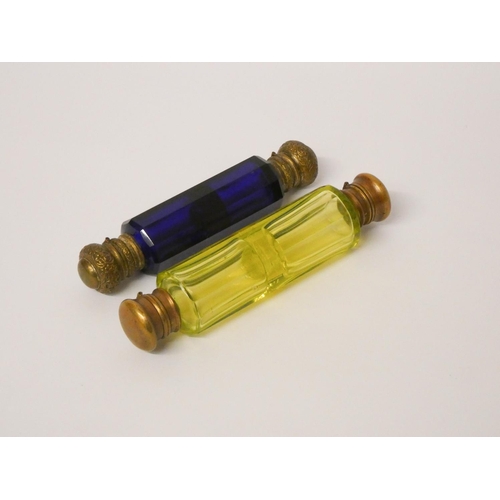 514 - Two Victorian double ended scent bottles, one Bristol blue the other uranium yellow with gilt metal ... 