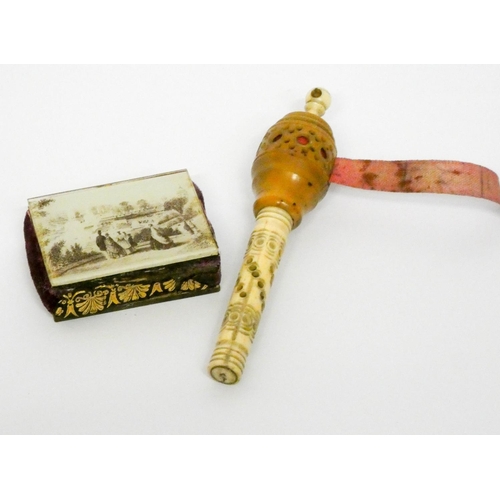 527 - Victorian carved bone and horn mounted tape measure and a small glass and leather mounted pin cushio... 