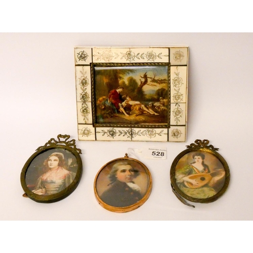 528 - After Boucher - A miniature oil painting of a Shepherd and Shepherdess in landscape with sheep, sign... 