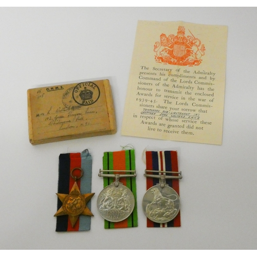 198 - Three medals of the Second World War in original box with ribbons and condolence slip, named Tempora... 