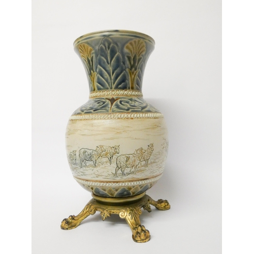 199 - Hannah Barlow Doulton stoneware vase, decorated with sgraffito sheep grazing, on gilt metal base. He... 