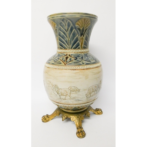 199 - Hannah Barlow Doulton stoneware vase, decorated with sgraffito sheep grazing, on gilt metal base. He... 