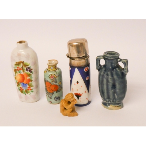 517 - A Victorian porcelain scent bottle decorated in the Imari pallet with white metal mounts, three furt... 