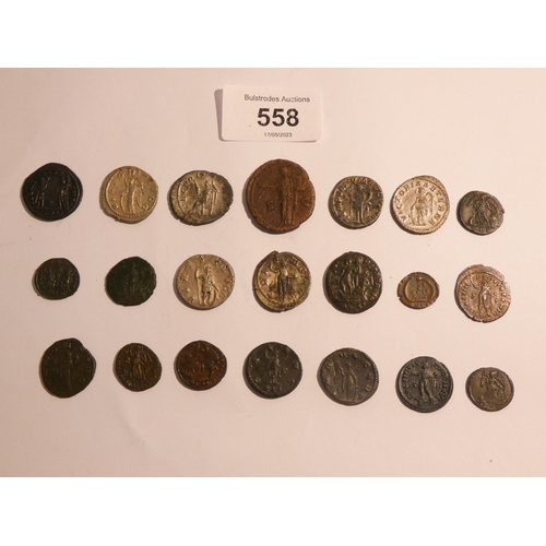 558 - A collection of 21 Roman coins in base silver and bronze, various emperor's from Antonius Pius to Co... 