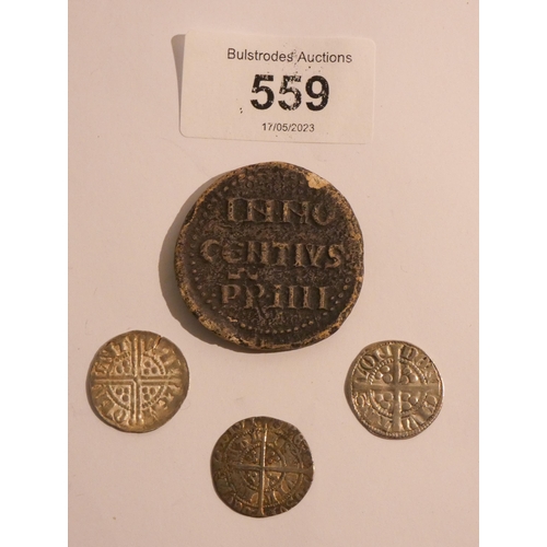 559 - A Papal Buller of Innocent IV together with a long cross penny of Henry III, a penny of Edward I and... 