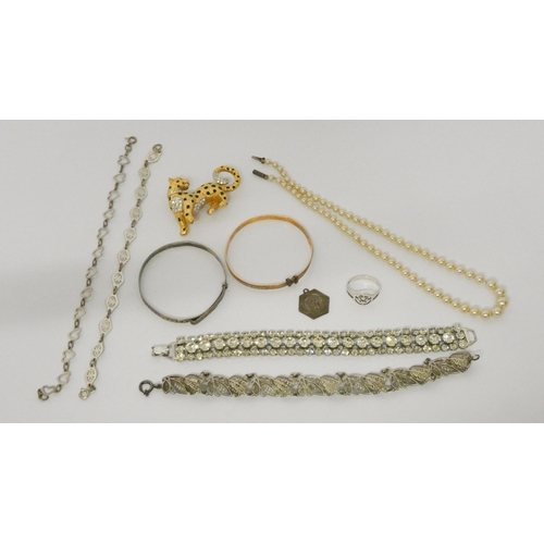 574 - Silver jewellery - bangles, paste panther brooch, bracelet, faux pearls etc