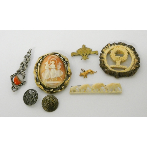 660 - Large oval carved shell cameo brooch, tiger charm and several other vintage carved bone brooches etc