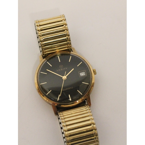 566 - Verity 9ct gold cased vintage quartz gents dress watch on flexi strap