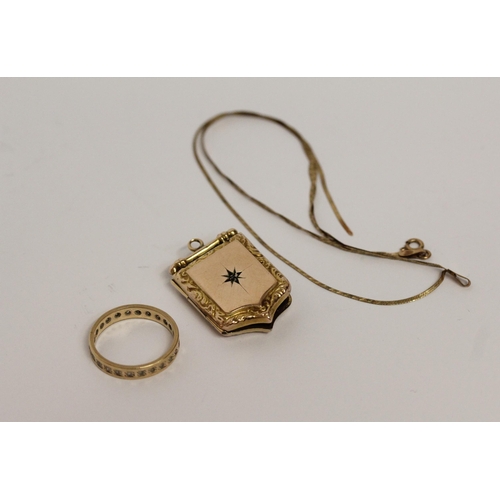 591 - 9ct gold stone set eternity ring, scrap 9ct necklace and a 9ct gold front and back locket