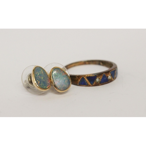 597 - Modern 9ct gold opal panel dress ring, size T, together with a pair of 14ct gold opal stud earrings