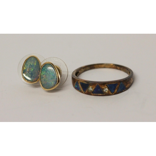 597 - Modern 9ct gold opal panel dress ring, size T, together with a pair of 14ct gold opal stud earrings