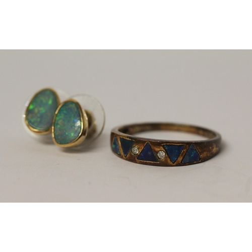 597 - Modern 9ct gold opal panel dress ring, size T, together with a pair of 14ct gold opal stud earrings