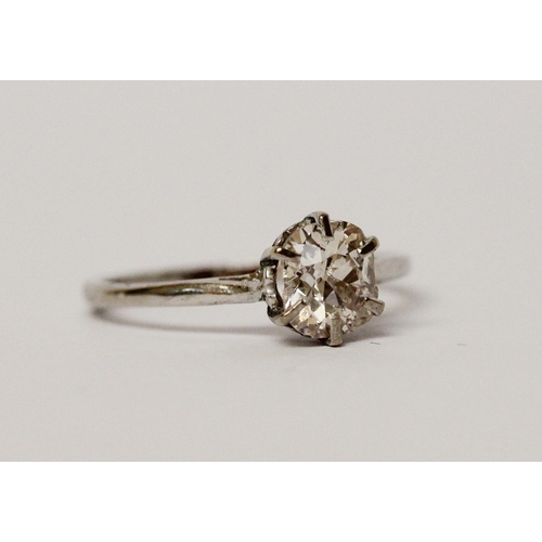 606 - Vintage diamond engagement ring, claw set with an oval old brilliant cut diamond on simple 18ct plat... 