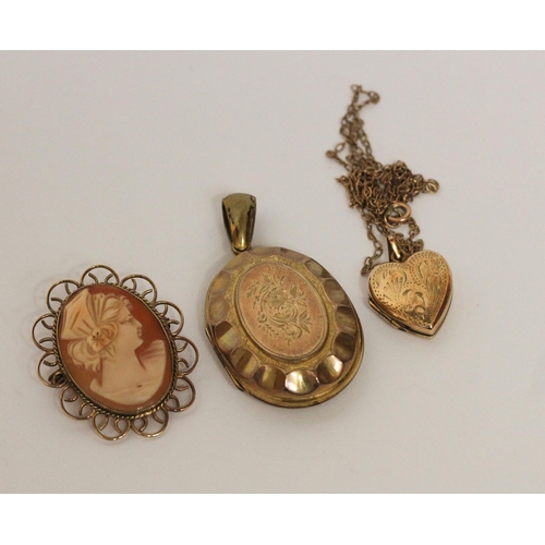 608 - A 9ct yellow gold heart shaped locket on chain, 9ct gold cameo brooch and a Victorian yellow metal l... 