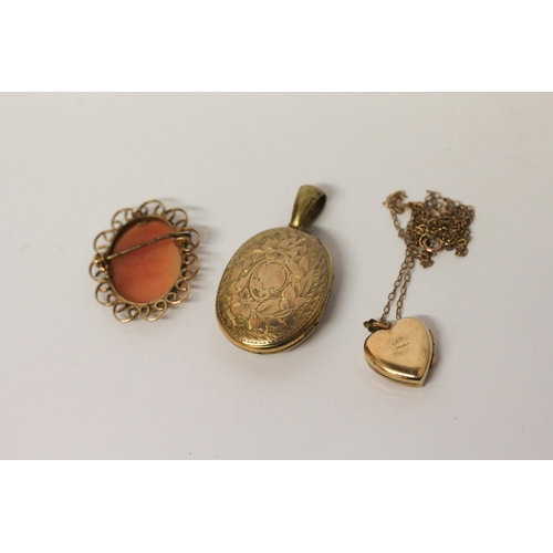 608 - A 9ct yellow gold heart shaped locket on chain, 9ct gold cameo brooch and a Victorian yellow metal l... 