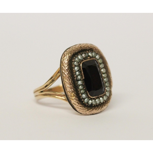 618 - Antique gold garnet and seed pearl mourning ring, closed back setting, ring size N, gross weight 6.3... 