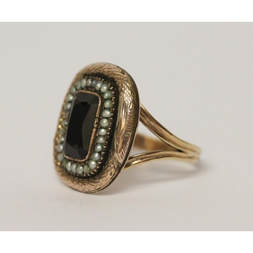 618 - Antique gold garnet and seed pearl mourning ring, closed back setting, ring size N, gross weight 6.3... 