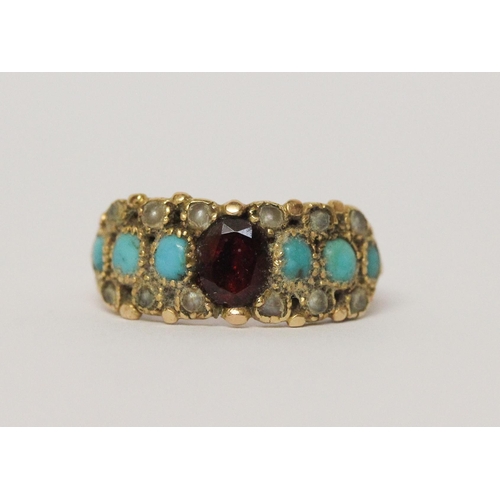 621 - An antique garnet, turquoise and seed pearl half hoop ring, closed back setting, ring size L