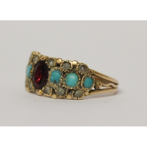 621 - An antique garnet, turquoise and seed pearl half hoop ring, closed back setting, ring size L