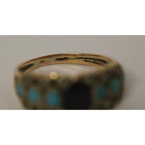 621 - An antique garnet, turquoise and seed pearl half hoop ring, closed back setting, ring size L