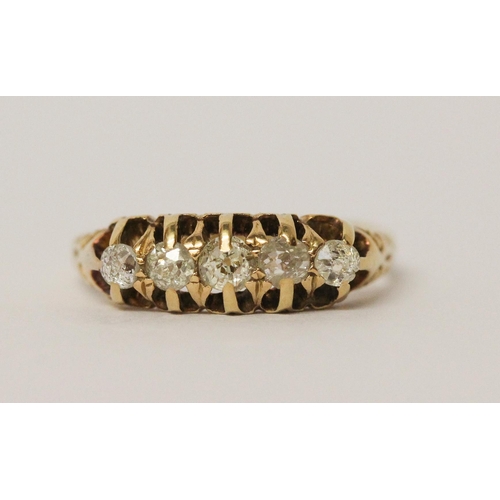 646 - Victorian five stone diamond half hoop ring, in unmarked yellow gold band. Ring size O