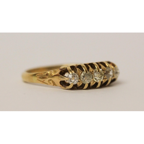 646 - Victorian five stone diamond half hoop ring, in unmarked yellow gold band. Ring size O