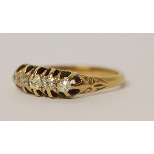 646 - Victorian five stone diamond half hoop ring, in unmarked yellow gold band. Ring size O