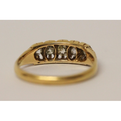 646 - Victorian five stone diamond half hoop ring, in unmarked yellow gold band. Ring size O