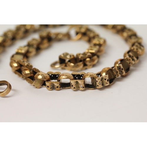 663 - Antique fancy link 9ct gold chain, of pierced box and faceted links, clasp marked 9c. Weight 38.2g, ... 