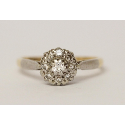 664 - Vintage diamond cluster ring, on 18ct gold band, marked 18ct & Plat, ring size J/K