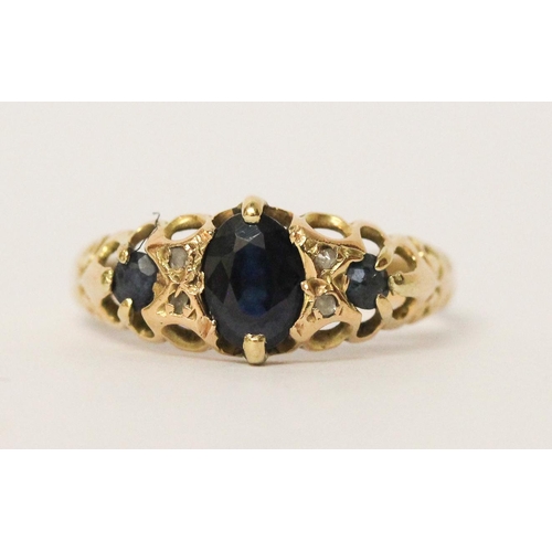 666 - Victorian sapphire and diamond ring, on 18ct gold band, hallmarked. Ring size L