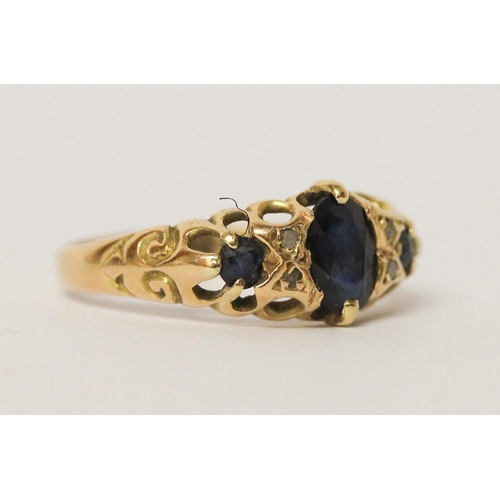 666 - Victorian sapphire and diamond ring, on 18ct gold band, hallmarked. Ring size L