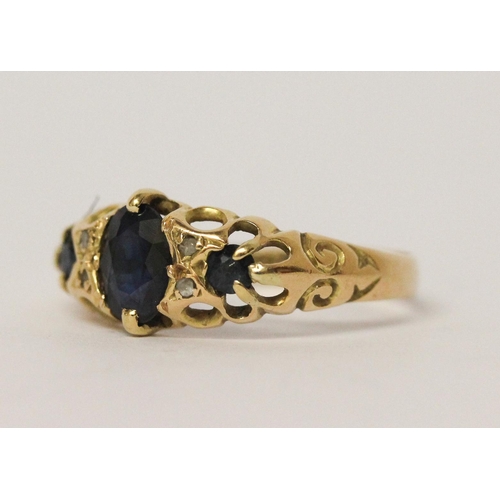 666 - Victorian sapphire and diamond ring, on 18ct gold band, hallmarked. Ring size L