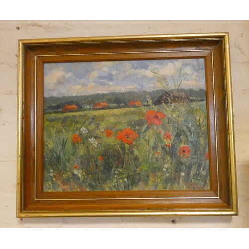 202 - A modern oil on panel depicting a poppy field signed Eunice Goodman, framed, 12