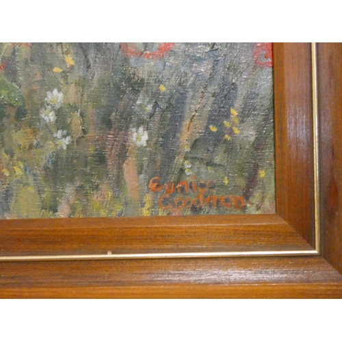 202 - A modern oil on panel depicting a poppy field signed Eunice Goodman, framed, 12