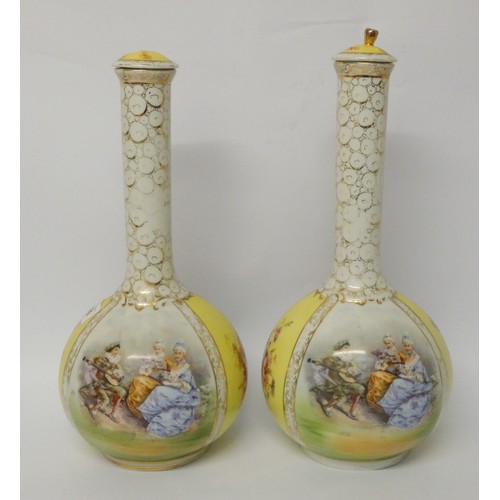 193 - A pair of Austrian porcelain bottle necked vases and covers, decorated with transfer printed pastora... 