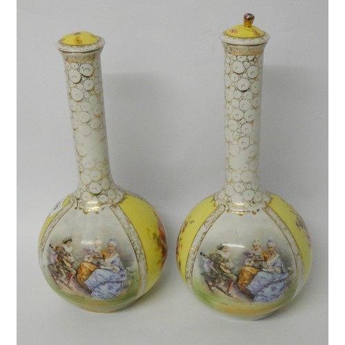 193 - A pair of Austrian porcelain bottle necked vases and covers, decorated with transfer printed pastora... 