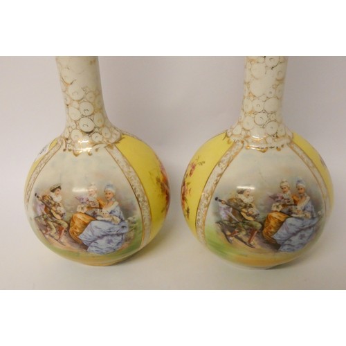 193 - A pair of Austrian porcelain bottle necked vases and covers, decorated with transfer printed pastora... 