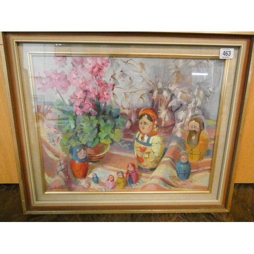 463 - Elizabeth Sharp - 20th century Scottish - signed oil on canvas of still life Matroshka Dolls & Geran... 