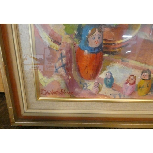 463 - Elizabeth Sharp - 20th century Scottish - signed oil on canvas of still life Matroshka Dolls & Geran... 