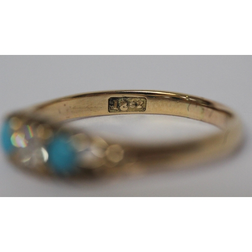 539 - Victorian three stone turquoise and diamond ring, on 18ct yellow gold band, marked 18ct, ring size O